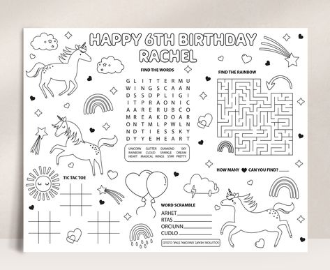 Unicorn Activity Placemat Unicorn Coloring Page Printable Unicorn Party Game Kids Unicorn Party Table Activity Editable Party Template Unicorn Party Table, Unicorn Party Games, Kids Unicorn Party, Activity Placemat, Happy 6th Birthday, Unicorn Printables, Unicorn Coloring, Coloring Page Printable, Party Template