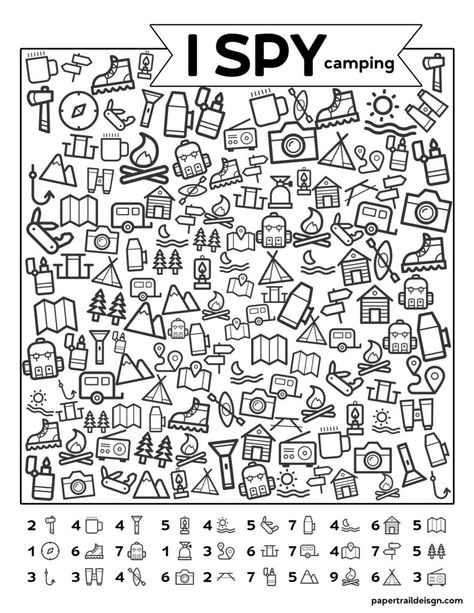 Free Printable I Spy Camping Kids Activity. Road trip game or boredom buster for rainy day or summer boredom kids activity. #papertraildesign #ispyfree #rainyday #imbored #printable #kids #kidsactivity #camping #campingispy Camping With Kids Food, Kids Summer Activities Outdoor, Camping Kids, Paper Trail Design, Camping Activities For Kids, I Spy Games, Trail Design, Spy Games, Free Activities For Kids