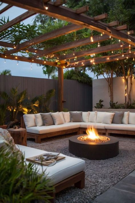 Cost-effective outdoor retreat with a fire pit and seating. Pergola Fire Pit Ideas, Pergola Fire Pit, Fire Pit Ideas, Rattan Patio Furniture, Mini Pool, Cozy Backyard, Rattan Furniture, Fire Pits, Coastal Homes