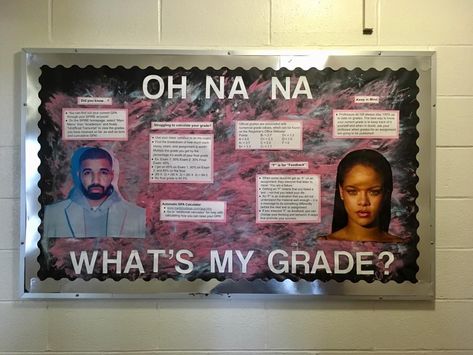 Grade tracking/ grade and gpa calculating. "Oh na na/ What's my grade?" to the tune of what's my name by Rihanna and Drake!!  clever honestly thought this was one of my worst but this got great feedback peer mentor, ra, res life, reslife, residential life, bulletin boards, resident advisor, resident assistant, residential life, residence life, umass amherst Drake Bulletin Board, Music Ra Bulletin Boards, Ra Hall Themes, Resident Assistant Programs, Residence Life Bulletin Boards, Dorm Bulletin Boards, Res Life Door Decs, Res Life Bulletin Boards, High School Bulletin Boards