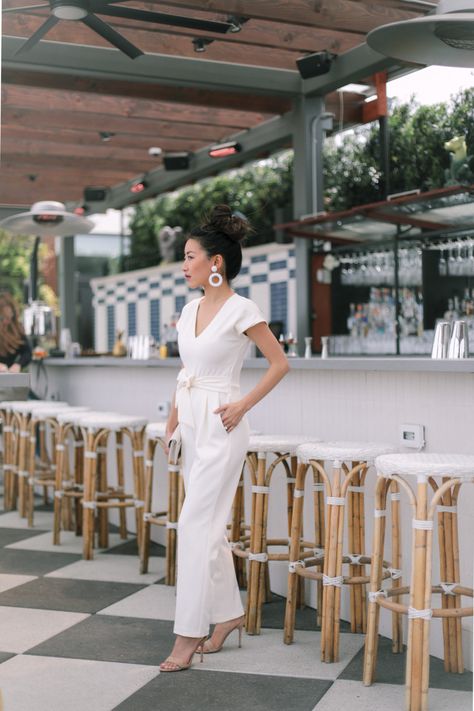 white jumpsuit bridal shower bachelorette outfit ideas // petite-friendly white jumpsuit White Jumpsuit Outfit, Extra Petite Blog, Camisole Outfit, Brunch Outfit Winter, Rehearsal Dinner Outfits, Shower Outfits, Extra Petite, Bridal Shower Outfit, Tie Waist Jumpsuit