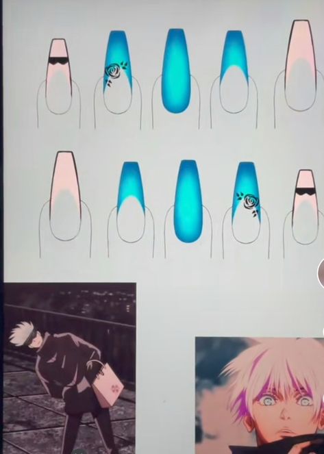 Demon Acrylic Nails, Gojo Satoru Nails Design, Gojo Themed Nails, Simple Anime Nail Ideas, Jjk Nails Gojo, Jujutsu Kaisen Nails Design, Gojo Nails Inspired, Inosuke Nails, Tokyo Ghoul Nails Designs