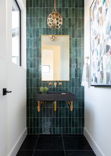 Powder Room Inspiration, Bold Powder Room, Green Powder Room, Powder Room Tile, Contemporary Powder Room, Modern Powder Room, Half Bath Remodel, Powder Room Remodel, Powder Room Decor