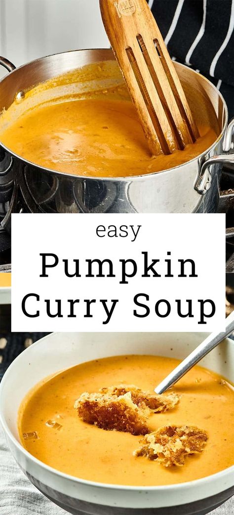 Pumpkin Curry Soup / Creamy and fragrant with a curry blend, this flavorful and satisfying soup comes together in a snap from pantry ingredients. Pumpkin Rice Soup, Curry Pumpkin Soup, Pumpkin Curry Soup, Canned Squash, Curry Pumpkin, Curry Soup Recipes, Vegan Pumpkin Soup, Soup Creamy, Pumpkin Vegetable