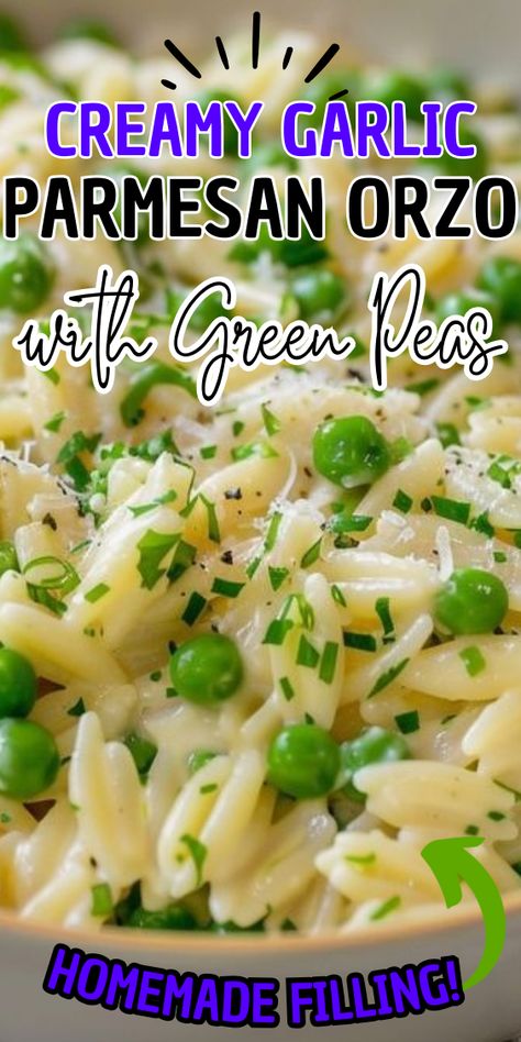 Creamy Garlic Parmesan Orzo with Green Peas Creamy Garlic Parmesan Orzo With Peas, Orzo With Peas And Parmesan, Parmesan Orzo And Peas, Orzo Peas Parmesan, Orzo And Peas Recipe, Orzo Side Dish Recipes, Orzo And Peas, Rice And Green Peas Recipe, Orzo Peas