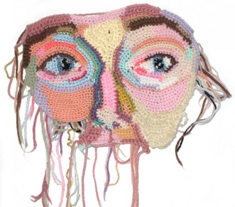 a crochet mask. - Design For Mankind Jo Hamilton, Crochet Mask, Masks Crafts, Crochet Faces, Knit Art, Form Crochet, Textile Fiber Art, Art Yarn, Freeform Crochet