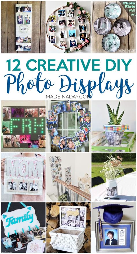 12 Super Creative DIY Photo Displays for Gifts, Floral Photo Hoop, photo planter, photo pallet, decoupage photo plates, mason jar photo centerpiece, graduation keepsake, photo wall art, graduation card box, light up photo display, and more! #photo #photos #display #DIY #homedecor #keepsake #graduation #mothersday #fathersday #gift #giftideas #hoop #wallart #diyhomedecor Diy Photo Displays, Photo Hoop, Centerpiece Graduation, Diy Photo Projects, Mason Jar Photo, Photo Centerpieces, Graduation Card Boxes, Diy Photo Display, Photo Gifts Diy