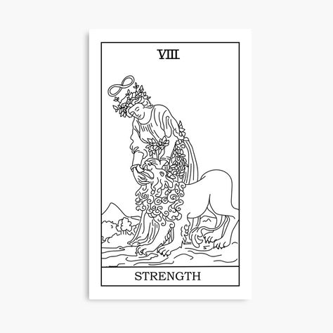 Tarot Strength Tattoo, Strength Tarot Card Art, Strength Tarot Card Tattoo, The Strength Tarot Card, Strength Tarot Card, Black Line Drawing, Strength Tarot, Drawing Canvas, Tarot Card Tattoo