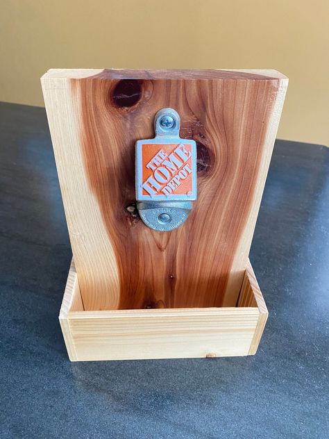 Handmade Cedar Bottle Opener w/cap catcher / wall mount ready / New Iron (StarrX Home Depot ) mounted bottle opener / Clear coat sealed ready to mount in your bar, garage, camp, man cave, she shed or patio!  Beautiful rustic, knotted cedar.  Total Size: 8 3/4" tall, 6" wide, 3" depth.  Cap tray volume: 5 3/4" x 1 1/2" x 2 1/2" Bottle Cap Opener, Mounted Bottle Opener, Cedar Homes, She Shed, Clear Coat, Bottle Cap, Man Cave, Bottle Opener, Home Depot