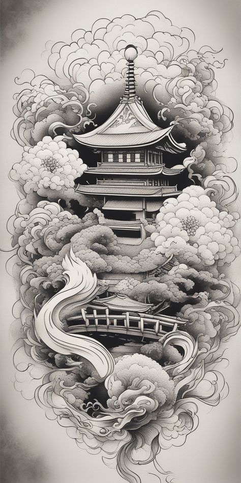 This is a striking black and white image of a Japanese-style tattoo, composed in a detailed Blackwork style. The image features intricate designs and patterns set against a blank canvas, thus emphasizing the contrast. Blackwork Japanese Tattoo, Koi Fish Drawing Tattoo, Japanese Temple Tattoo, Japanese Style Tattoo, Japanese Geisha Tattoo, Tattoos Sketches, Geisha Tattoo Design, Temple Tattoo, Tattoo Japanese Style