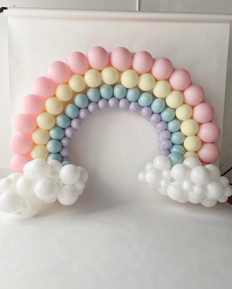 Pastel Balloon rainbow Pastel Rainbow Balloon Decorations, Rainbow Aesthetic Birthday Party, Balloon Arch Pastel Colors, Pastel Rainbow Butterfly Birthday Party, Butterfly Rainbow Party, Pastel Rainbow Balloon Garland, Pastel Rainbow Party Ideas, Pastel Rainbow Baby Shower Theme, Rainbow Pastel Birthday Party