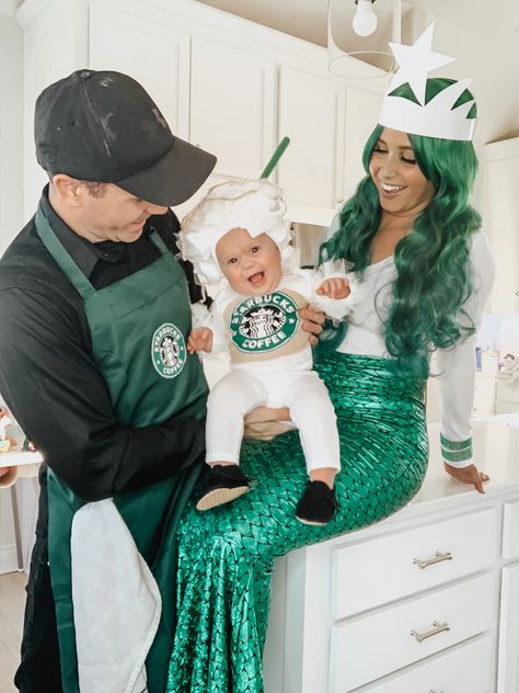 Starbucks Couple Costume, Starbucks Family Costume, Starbucks Siren Costume, Starbucks Family Halloween Costumes, Starbucks Mermaid Costume, Little Mermaid Halloween Costume Family, Little Mermaid Family Costume Halloween, Starbucks Costume Womens, Baby Starbucks Costume