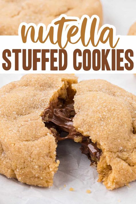 These Nutella Stuffed Cookies are made with our extra peanut butter-y peanut butter cookie dough for the ultimate chocolate PB treat! Soft, chewy, and loaded with warm Nutella! Peanut Butter Nutella Cookies, Nutella Stuffed Cookies, Nutella Cookies Recipe, Almond Paste Recipes, Nutella Banana Bread, Nutella Pizza, Crumble Cookie Recipe, Homemade Peanut Butter Cookies, Cookie Dough Ingredients