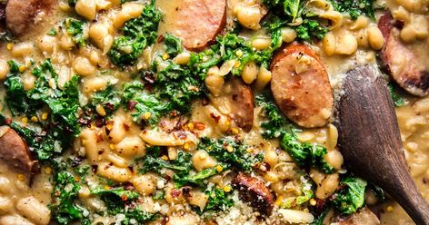 White Bean Sausage Skillet | The Modern Proper Sausage Skillet Dinner, White Bean And Sausage, White Bean Sausage, Navy Bean Recipes, Bean Sausage, Kale White Bean, Sausage Skillet, Veggie Skillet, Navy Beans