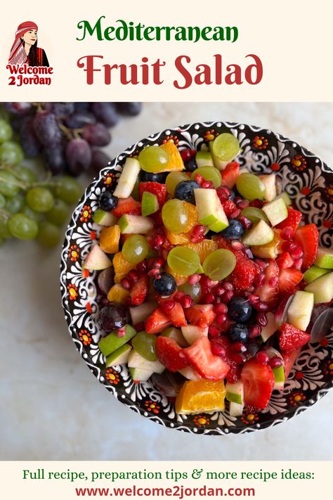 Fruit salad Greek Fruit Salad, Mediterranean Fruit Recipes, Mediterranean Fruit Salad, Spanish Fruit Salad, Mediterranean Picnic, Recipes Strawberries, Salad With Dressing, Mediterranean Fruit, Spanish Salad