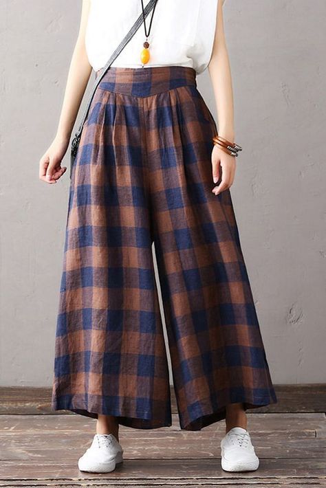 Linen Trousers Women, Cotton Linen Pants Women, Women Wide Leg Pants, Cotton Linen Trousers, Trousers Women Wide Leg, Plaid Trousers, Mode Abaya, Cotton Linen Pants, Wide Trousers