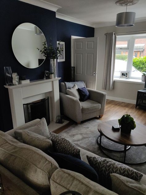 Living Room Navy And Grey, Sapphire Blue Living Room, Dulux Sapphire Salute Living Rooms, Grey Navy Blue Living Room, Sapphire Salute Bedroom, Navy Lounge Ideas, Sapphire Salute Living Room, Navy Blue And Grey Living Room Ideas, Grey Navy Living Room