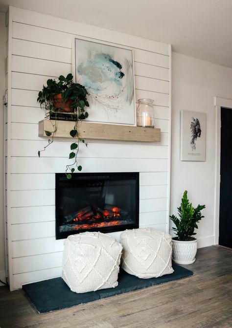 DIY Dated Rock Fireplace turned Electric Shiplap Fireplace Makeover | DIY Fireplace from an original stone wood burning fireplace covered with shiplap and a modern wood mantel. #fireplace #DIY Bedroom Upstairs, Rock Fireplace, Home Remodel Before And After, Diy Fireplace Makeover, Fireplace Cover, Shiplap Fireplace, Diy Shiplap, Rock Fireplaces, Christmas Fireplace Decor