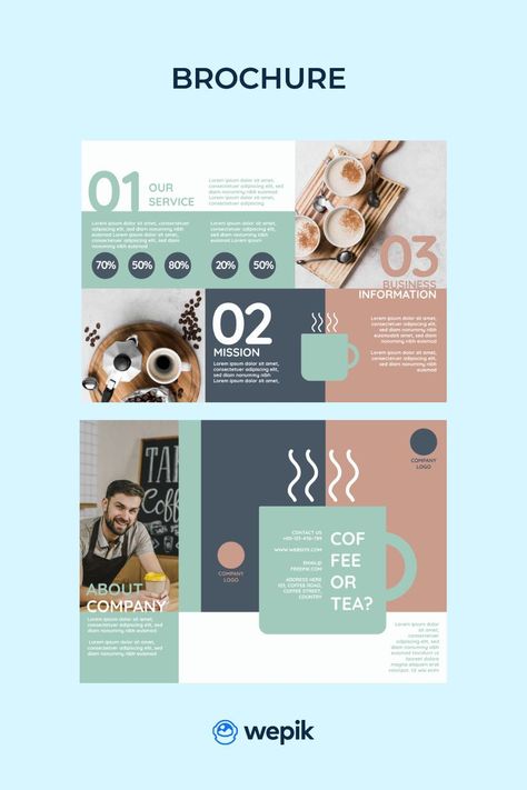 Brochure Coffee Design, Coffee Brochure Design Ideas, Coffee Shop Brochure Design, Coffee Shop Brochure, Blue Coffee Shop, Coffee Brochure, Minimalist Brochure, Inspiration Designs, Brochure Ideas