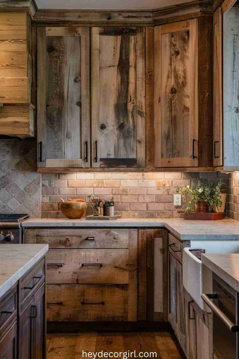 35 Stunning Farmhouse Kitchen Cabinets Ideas - Hey Decor Girl [Latest Trending Decor Design Ideas] Knotty Alder Cabinets With Brick Backsplash, Kitchen Backsplash Ideas Hickory Cabinets, Log Cabin Kitchen Cabinets, Adler Cabinets Knotty, Dark Knotty Alder Kitchen Cabinets, Knotty Hickory Kitchen Cabinets, Stained Hickory Kitchen Cabinets, Kitchen With Hickory Cabinets, Mountain Kitchen Ideas