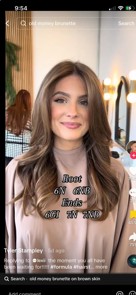 Base 7 Hair Colour, Subtle Brunette Dimension, Light Brown Redken Formula, Hair Color Correction Before And After, Old Money Brown Hair Color, Old Money Brunette Hair Formula, Blonde To Brunette Formula, Old Money Light Brown Hair, Old Money Haircut Women Long