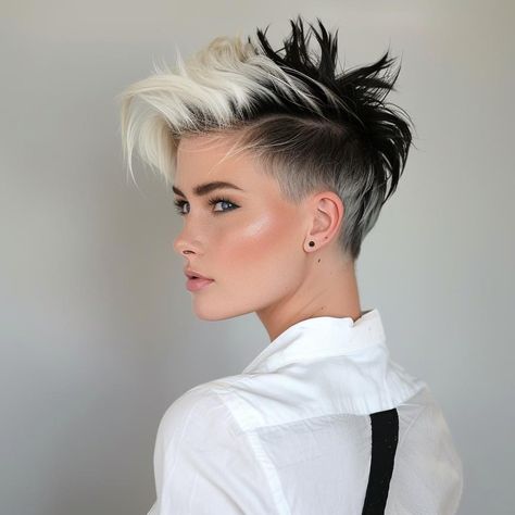 Growing Out Undercut Pixie, Jill Wagner Short Hair, Short Black White Hair, Side Shaved Designs, Womens Modern Mullet, Black And Blonde Split Dye Short Hair, Black And White Hairstyle, Black White Short Hair, Wedding Hairstyles With Undercut