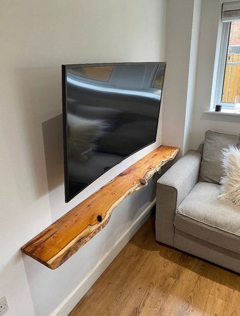 Floating Live Edge Shelf, Live Edge Shelf Under Tv, Live Edge Tv Shelf, Live Edge Wood Floating Shelves, Live Edge Floating Shelf Under Tv, Floating Shelves Under Tv Mounted Tv, Wall Shelf Under Tv, Television Wall Ideas Mounted Tv, Wood Slabs On Wall