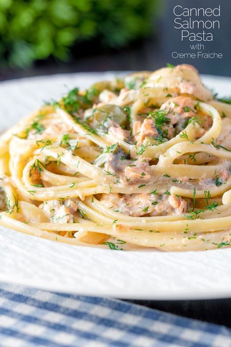 This sub 20-minute canned salmon pasta recipe is an easy mid-week meal, creme fraiche forms the creamy element and the richness is cut through by cornichons. Creme Fresh Recipe, Canned Salmon Pasta, Tinned Salmon Recipes, Cooked Pasta Recipes, Salmon Pasta Recipe, Creme Fraiche Sauce, Quick Stir Fry Recipes, Creme Fraiche Recipes, Salmon Pasta Recipes