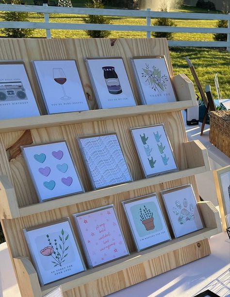 Stationery card business market stand for craft booth Diy Card Stand, Mechanicsburg Pennsylvania, Market Setup, Dog Sympathy Card, Craft Market Display, Cool Birthday Cards, Writing Thank You Cards, Dog Sympathy, Craft Booth Displays