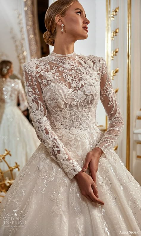 Weddinginspirasi.com featuring - anna sposa 2022 bridal sheer long sleeve high neckline fully embellished a line ball gown wedding dress chapel train (19) zv -- Anna Sposa 2022 Wedding Dresses #wedding #weddings #bridal #weddingdress #weddingdresses #bride #fashion #collection:Hypnose #label:AnnaSposa #week:162022 #year:2022 ~ Lace Over Satin Wedding Dress, Kate Middleton Wedding Dress Inspired, Long Sleeve High Neck Wedding Dress, Elegant Wedding Dress Classy Vintage, Turtleneck Wedding Dress, High Neck Wedding Dresses, Cathedral Train Wedding Dress, High Collar Wedding Dress, Wedding Dress Sparkly