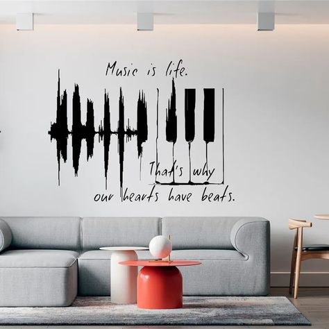 Music is Life Wall Sticker Graffiti Piano Keys Music Classroom Recording Studio Modern Home Room Art Decor Vinyl Decal A714 - AliExpress Music School Decoration, Music Room Painting Ideas, Music Studio Wall Art, Music Decor Ideas, Music Inspired Room, Studio Music Room Design, Music Wall Painting, Guitar Room Aesthetic, Choir Aesthetic