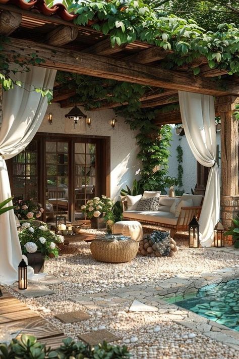 Extending Patio Ideas, Italian Cottage Garden, House Garden Ideas Outdoors, Back Porch Extension Ideas, European Style Backyard, Covered Backyard Patio Ideas, European Patio Ideas, European Inspired Backyard, Porch Ideas Backyard