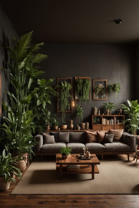 25 Moody Boho Living Room Ideas – The Crafty Hacks Eclectic Wainscoting, Jungle Style Living Room, Living Room Designs With Green, Black Earthy Living Room, Boho Jungle Living Room, Moody Dark Living Room, Moody Boho Office, Green Moody Living Room, Plant Living Room Aesthetic