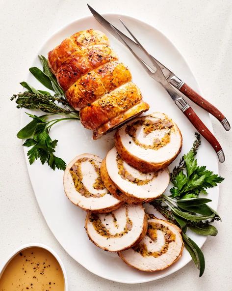 Turkey Roulade Recipe (with Stuffing) | Kitchn Turkey Roulade, Chicken Scallopini, Roulade Recipe, Sage Sausage, Homemade Cornbread, Turkey Gravy, Crispy Pork, Pork Sausage, Turkey Breast