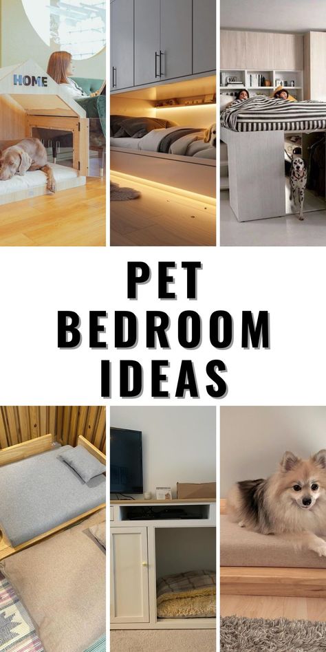 Create a luxurious and aesthetic pet bedroom for your dogs and cats with these innovative pet bedroom ideas. Utilize under stairs spaces, small closets, and cute wall decor to maximize your space. Inspired by Toca Boca, Sims 4, and Minecraft, these ideas adopt unique and creative designs that make your pets feel special. Perfect for small spaces and adding a touch of luxury to your home. Dog Wall Decor Ideas Bedroom, Pet Friendly House Design, Dogs Bedroom Ideas, Cozy Dog Corner, Dog Area In Bedroom, Dog Bed Ideas For Bedroom, Small Dog Room Ideas, Dog Closet Ideas, Dog Rooms Ideas