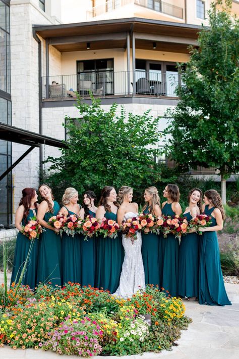 Dusty Teal Bridesmaid Dresses, Fall Bridesmaid Dresses Teal, Peacock Blue Bridesmaid Dresses, Bridal Party Color Schemes Summer, Western Wedding Bridesmaids, Dark Teal Bridesmaid Dresses, Resorts In Texas, Brides Mate Dress, April Wedding Colors