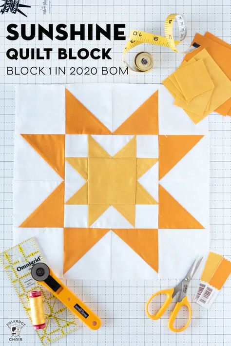 The Sunshine quilt block, block 1 in the Choose Happiness quilt along on the polka dot chair blog. #quiltblock #quiltalong Quilt Block Patterns Easy, Sunshine Quilt, Sawtooth Star, Quilt Blocks Easy, Polka Dot Chair, Choose Happiness, Yellow Quilts, Start Quilting, Quilt Block Patterns Free