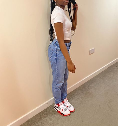 Jordan 4 Fire Red Outfit Baddie, Jordan 4 Red Outfit Women, Fire Reds Outfits, Cute Outfits With Jordan 4s, Red Cement 4s Outfit Women, Outfits With Fire Red 4s, Red Cement 4s Outfit, Red 4s Outfit, Jordan 4 Outfit Women Baddie