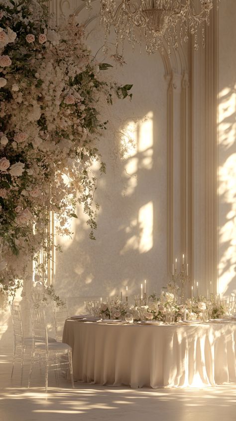 Create an Intimate Indoor Wedding with romantic florals and candlelit elegance! Picture lush blooms, cascading chandeliers, and warm candlelight. Capture these moments on video with a professional. 🌸✨💍 #Midjourney #WeddingVideography #IntimateWeddings #CandlelitElegance Cozy Elegant Wedding, Soft Romantic Aesthetic Wedding, Ethereal Party Decor, Wedding Decor Ideas Elegant, Wedding Decoration Indoor, Minimalist Floral Wedding, Baroque Wedding, Candle Lit Wedding, Romantic Florals