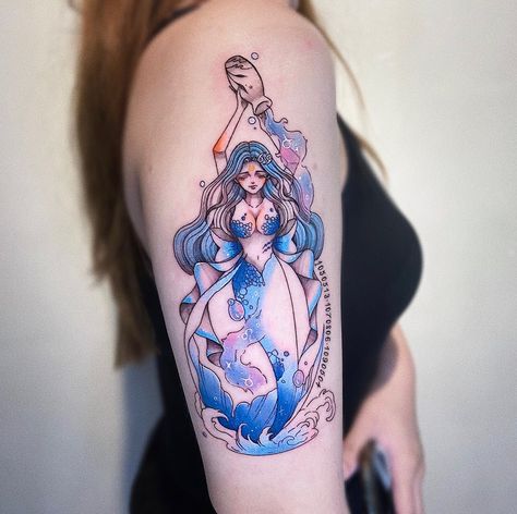 Back Tattoo Women Aquarius, Aquarius Female Tattoo, Aquarius Goddess Tattoos For Women, Aquarius Design Tattoo, Aquarius Spine Tattoos For Women, Aquarius Back Tattoo Women, Aquarius Tattoo Unique, Aquarius Mermaid Tattoo, Aquarius Tattoo Designs For Women