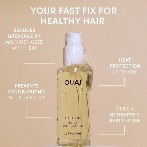 HAIR OIL | Get your fix with Hair Oil. Fight frizz, prevent breakage & protect against heat damage with Hair Oil. | By OUAI | Facebook Hair Oil Branding, Hair Oil Creative Ads, Hair Oil Advertisement, Hair Mood Board, Ouai Hair Oil, Haircare Tips, Instagram Branding Design, Skincare Products Photography, Funny Words To Say