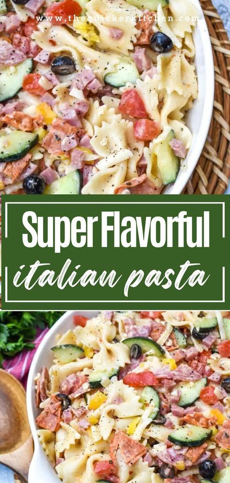 This Italian pasta salad recipe brings all the flavors of an Italian sub into a delicious pasta salad everyone will love as a side dish or even a main! Bowtie pasta gets tossed with a blend of veggies, Italian deli meats, cheese, and a creamy mix of mayonnaise and Italian dressing. Check out this quick recipe at thequickerkitchen.com Chipped Italian Salad, Italian Noodles Recipes, Chopped Italian Pasta Salad, Deli Pasta Salad Recipes, Pasta Salad With Mayonnaise, Main Dish Pasta Salad Recipes, Bowtie Pasta Recipes Salad, Italian Sub Pasta Salad, Pasta Salad Recipe Mayo