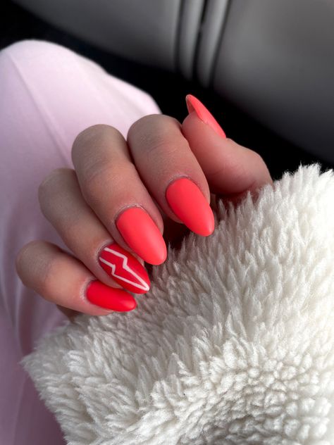 Red Lightning Bolt Nails, Red Nails With Lighting Bolt, Lightning Mcqueen Nails, Coral Spring Nails, Pinkish Nails, Lightning Bolt Nails, Orange Ombre Nails, Fresh Nails, Red Lightning