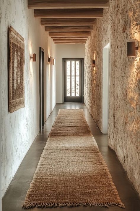 Hallway of Unique Passage Wabi Sabi Entrance Hall, Exposed Brick Plaster, Wabi Sabi Hallway, Exposed Stone Wall Interior, Wabi Sabi Exterior, Wabi Sabi Entryway, Wabi Sabi Room, Modern Wabi Sabi Interiors, Wabi Sabi Lighting