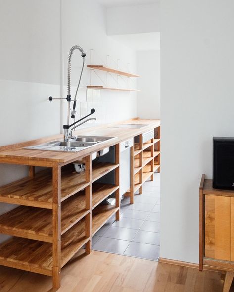 A small low-budget kitchen project in an apartment in vienna - only wood / not glued / rebuildable #woodenfurniture #rebuildable… | Instagram Self Made Kitchen Cabinets, Small Japanese Kitchen Ideas, Small Kitchen No Cabinets, Minimal Wood Kitchen, No Cupboard Kitchen, Japanese Wood Kitchen, Cheap Kitchen Build, Temporary Kitchen Ideas, Kitchen Ideas Low Budget