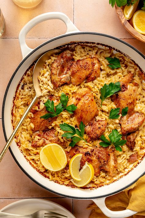 One Skillet Crispy Chicken Thighs Lemon Garlic Orzo, Garlic Orzo, Brocc Your Body, Lemon Garlic Chicken Thighs, Lemon Chicken Thighs, Crispy Chicken Thighs, Chicken Thighs Recipes, Chicken Orzo, Orzo Recipes