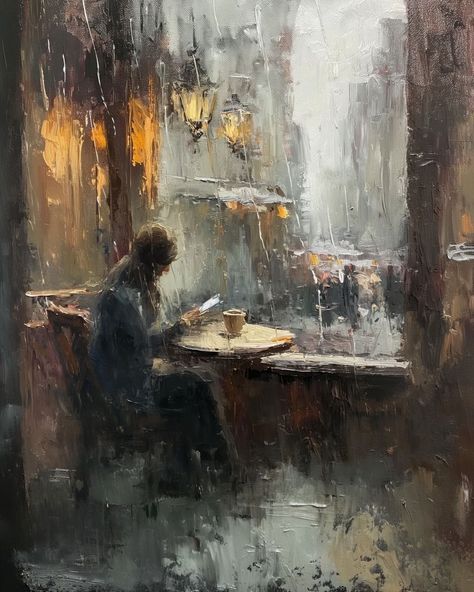 Rainy Illustration Art, Writing Art Illustration, Painting Of A Room, Society Painting, Rain Oil Painting, Rainy Street, Comfort Art, Rainy City, Through A Window