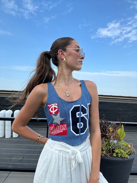 Twins Baseball Denim Corset Top @toriwebster #ootd #reworkedclothing #gamedayoutfit Reworked Clothing, Twins Baseball, Denim Corset Top, Patchwork Sweatshirt, Game Outfit, Denim Corset, Cute Games, Baseball Game, Gameday Outfit