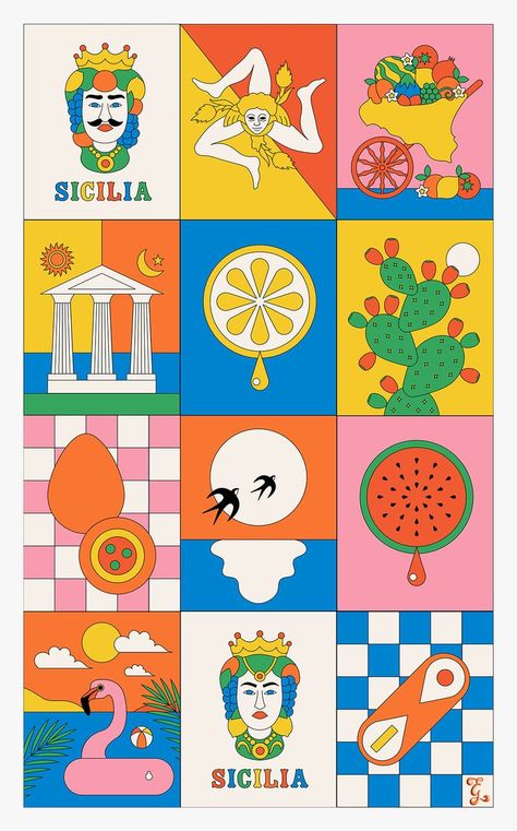 Sicily illustration, graphic design inspiration Italy Illustration, Elements And Principles, Illustration Graphic Design, Graphics Inspiration, Editorial Illustration, Retro Tshirt, Pottery Painting, Graphic Design Typography, Visual Design