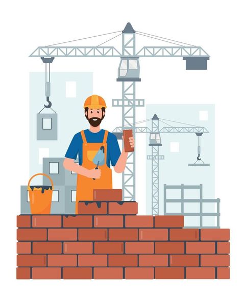 Builder or Construction Worker character on construction site with building equipment and crane. Profession people concept. Vector flat illustrations. Building Illustration, Construction Theme, Construction Worker, Flat Vector, Construction Site, Flat Illustration, Kids Art, Professions, Premium Vector